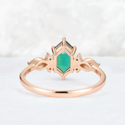 Nature Hexagon Cut Emerald Five Stone Gemstone Ring