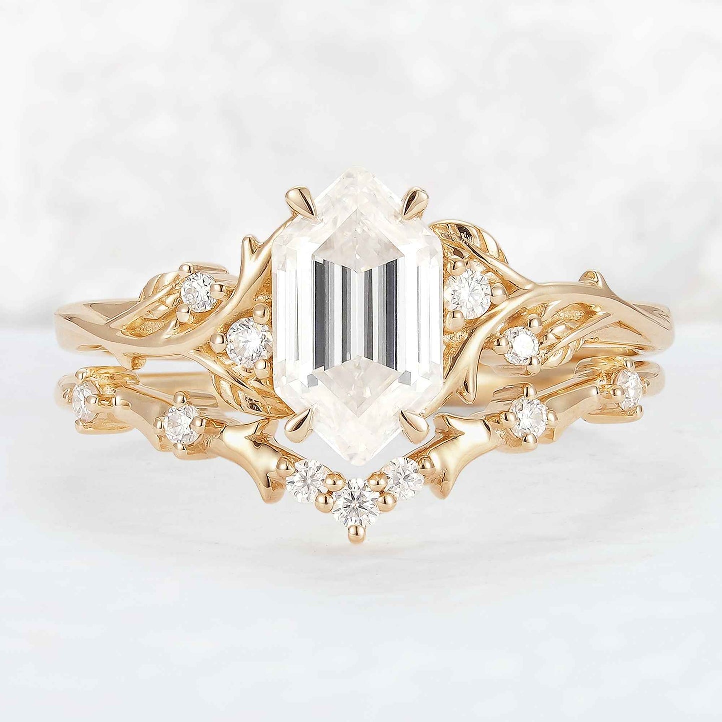 Nature Hexagon Cut Moissanite Vine Gemstone Ring Set 2pcs
