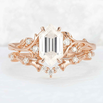 Nature Hexagon Cut Moissanite Vine Gemstone Ring Set 2pcs