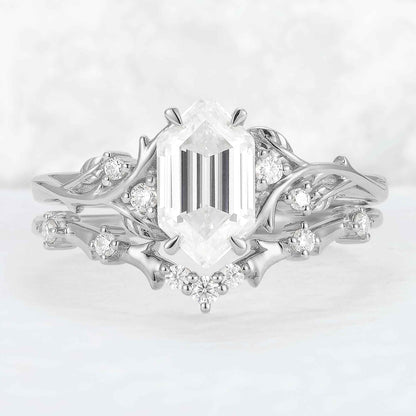 Nature Hexagon Cut Moissanite Vine Gemstone Ring Set 2pcs