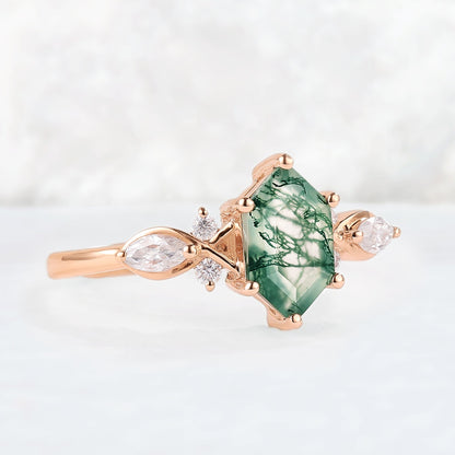 Nature Hexagon Cut Moss Agate Five Stone Gemstone Ring