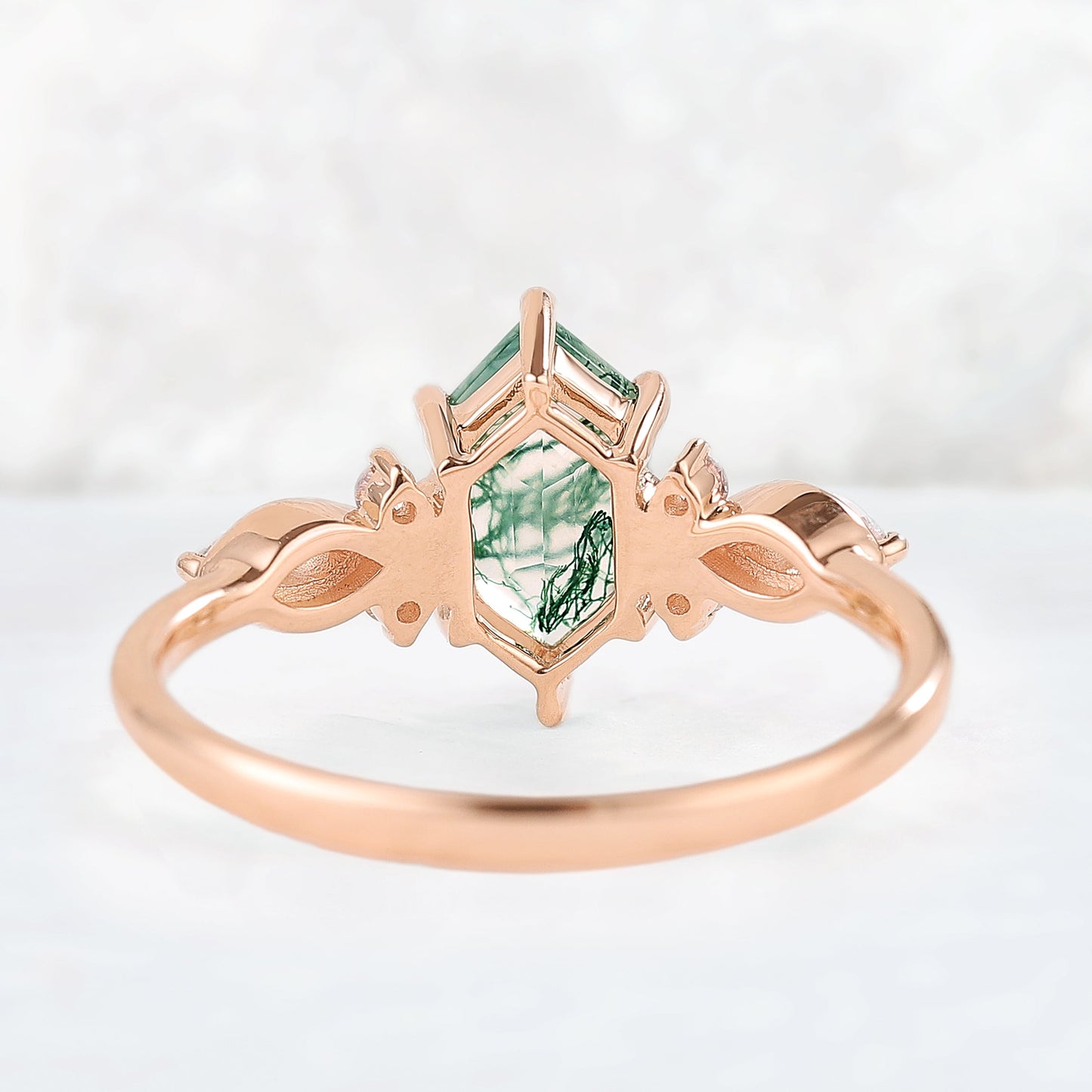 Nature Hexagon Cut Moss Agate Five Stone Gemstone Ring