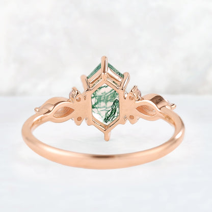 Nature Hexagon Cut Moss Agate Five Stone Gemstone Ring