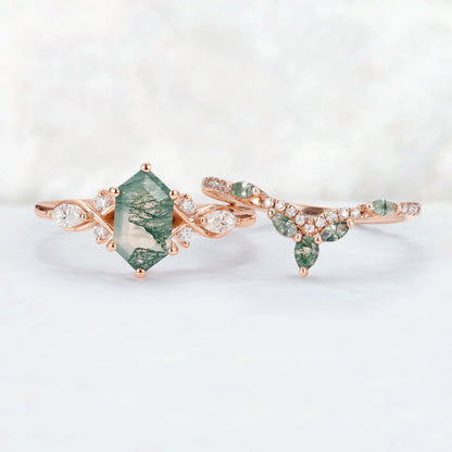 Nature Hexagon Cut Moss Agate Five Stone Ring Set 2pcs