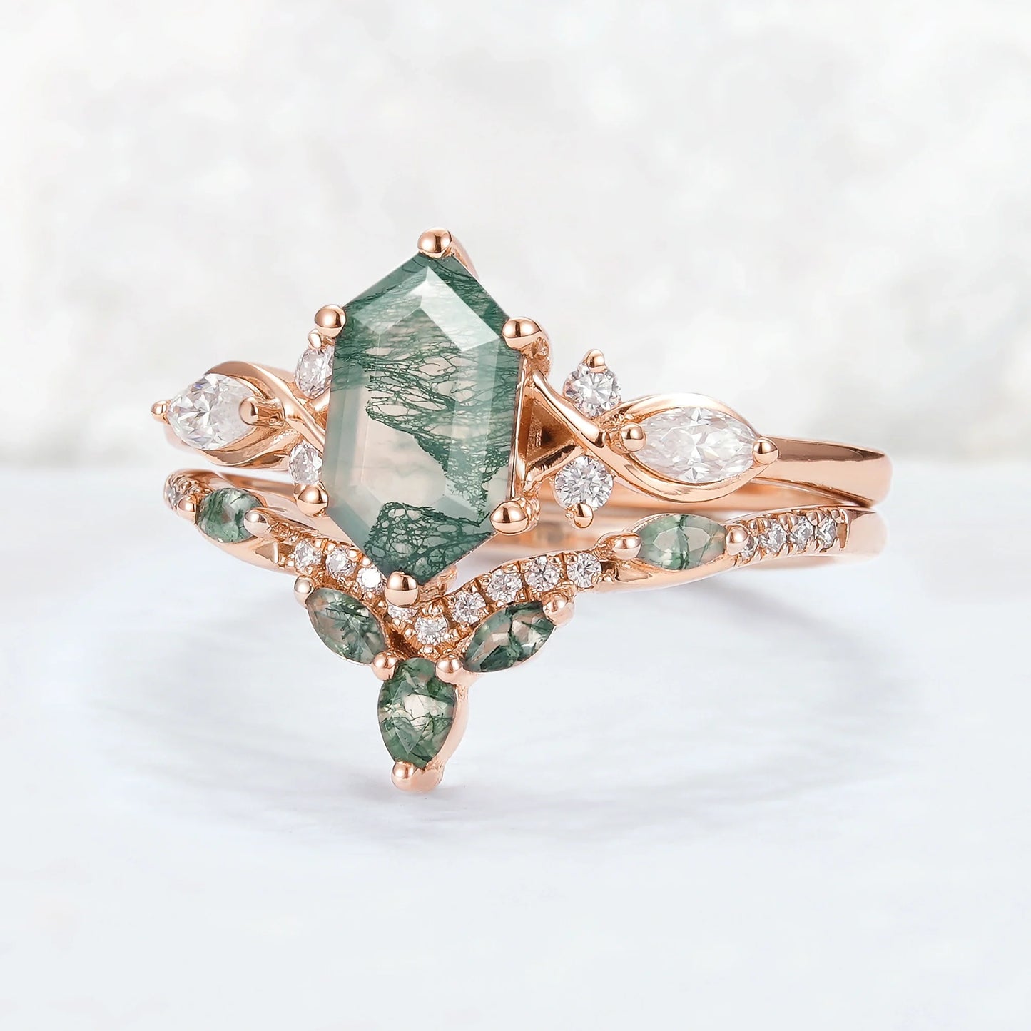 Nature Hexagon Cut Moss Agate Five Stone Ring Set 2pcs