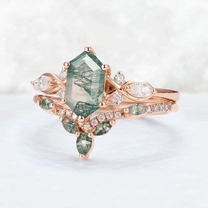 Nature Hexagon Cut Moss Agate Five Stone Ring Set 2pcs