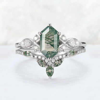 Nature Hexagon Cut Moss Agate Five Stone Ring Set 2pcs