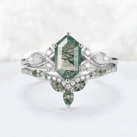 Nature Hexagon Cut Moss Agate Five Stone Ring Set 2pcs