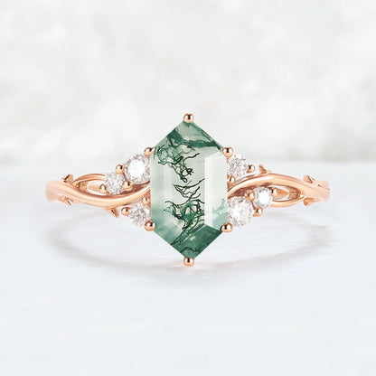 Nature Hexagon Cut Moss Agate Twig Gemstone Ring