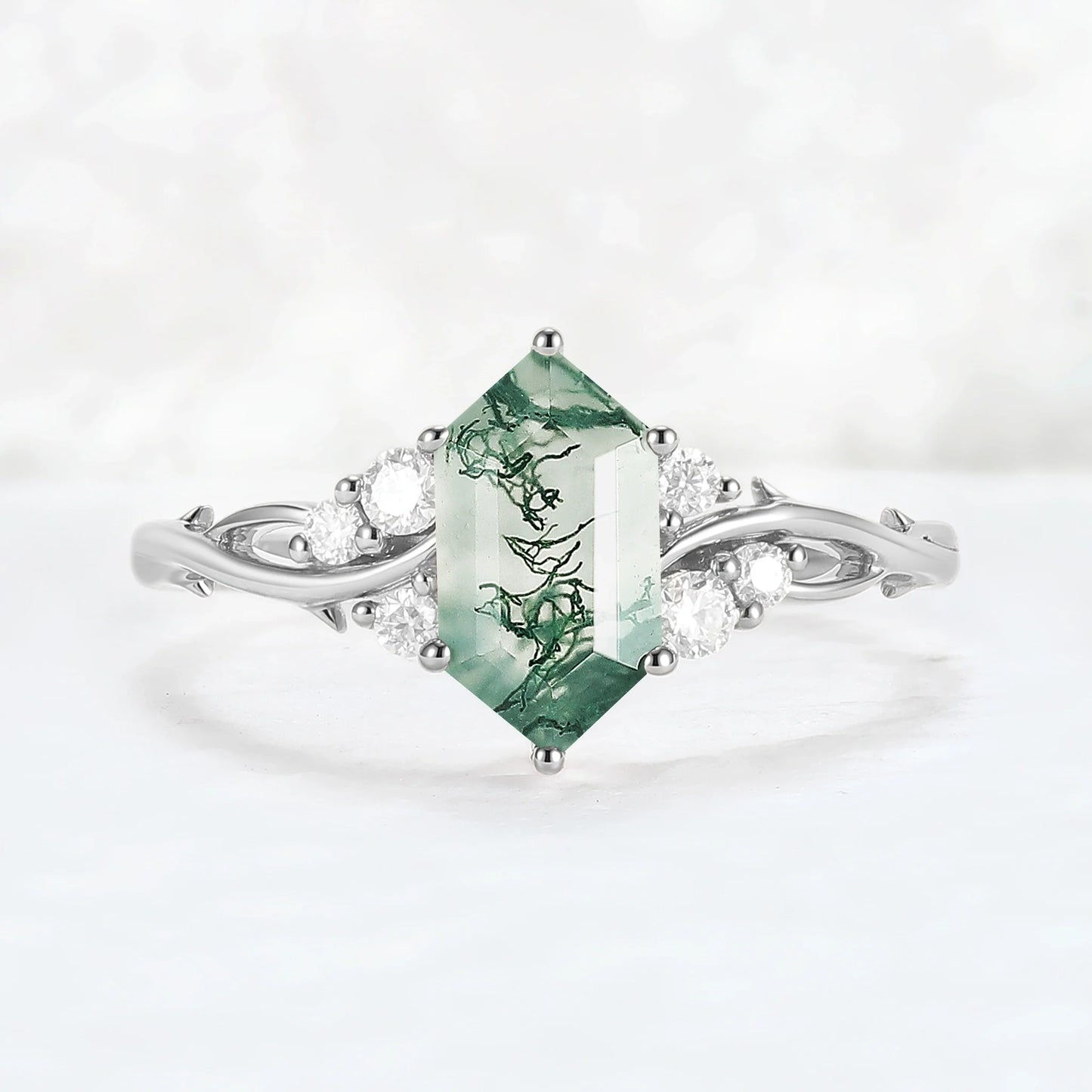 Nature Hexagon Cut Moss Agate Twig Gemstone Ring