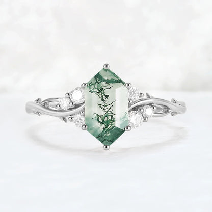 Nature Hexagon Cut Moss Agate Twig Gemstone Ring