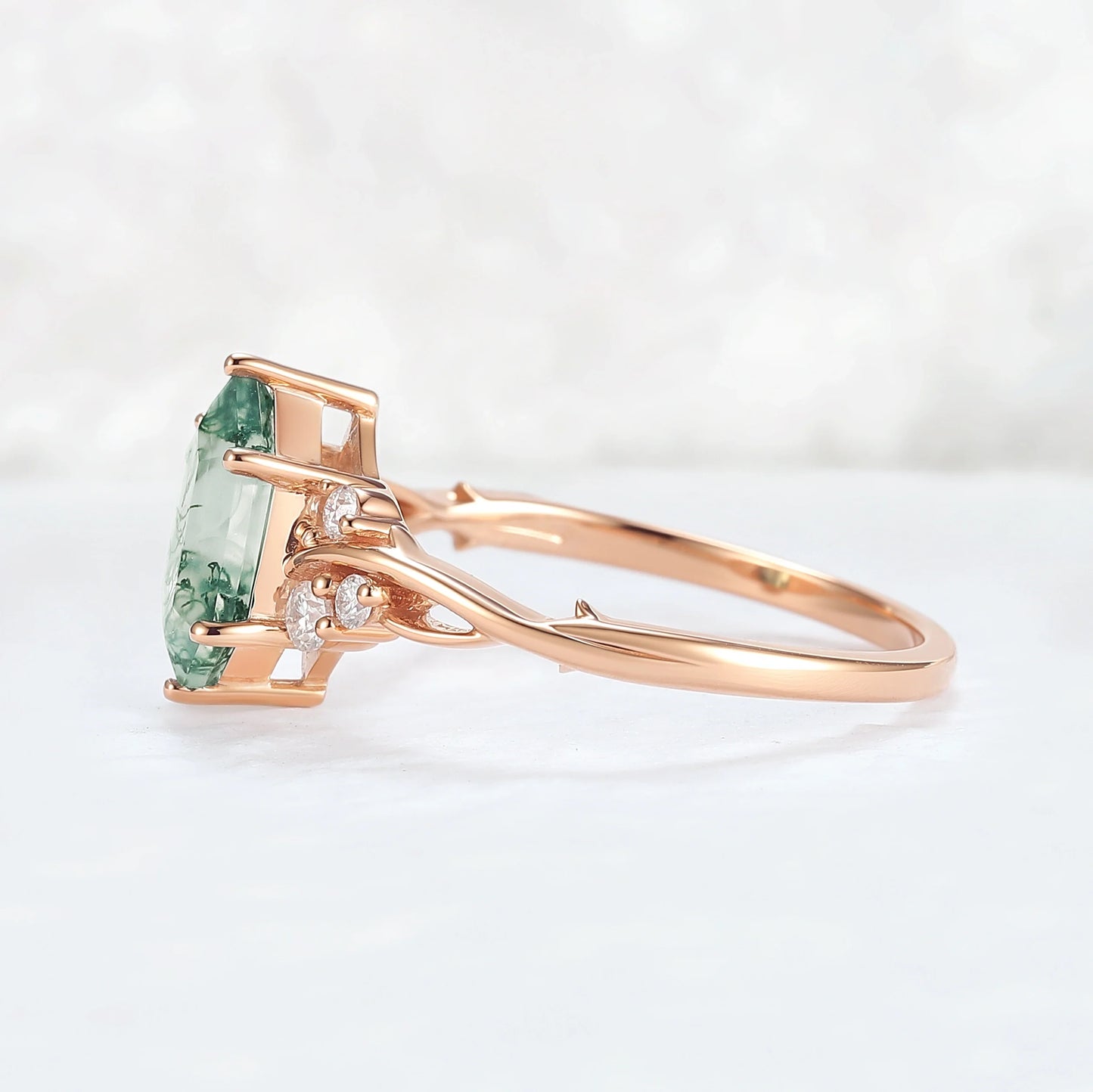 Nature Hexagon Cut Moss Agate Twig Gemstone Ring
