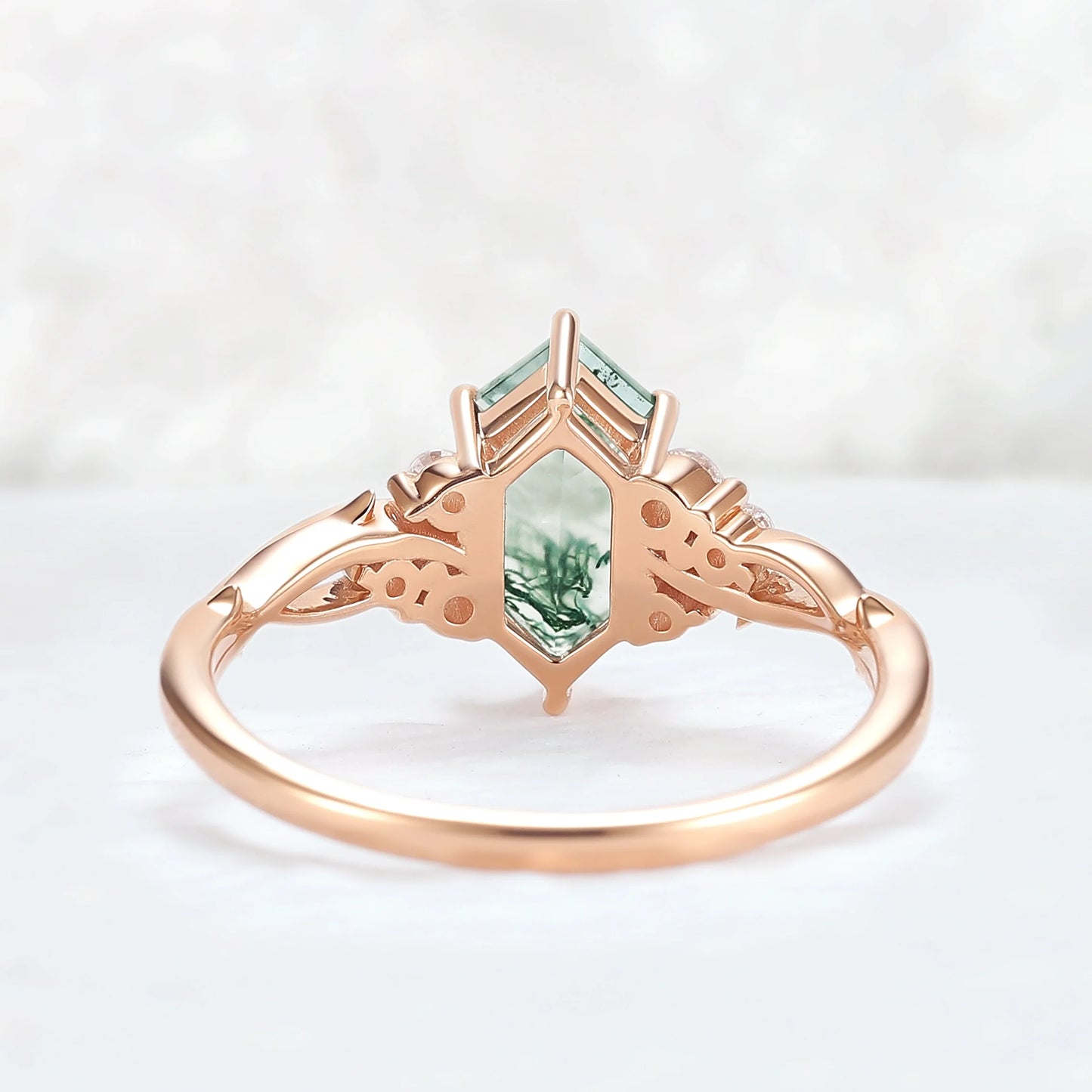 Nature Hexagon Cut Moss Agate Twig Gemstone Ring