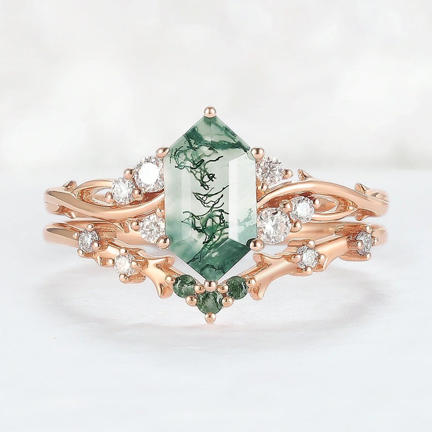 Nature Hexagon Cut Moss Agate Twig Ring Set 2pcs