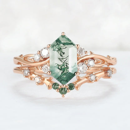 Nature Hexagon Cut Moss Agate Twig Ring Set 2pcs