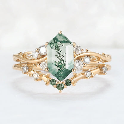 Nature Hexagon Cut Moss Agate Twig Ring Set 2pcs