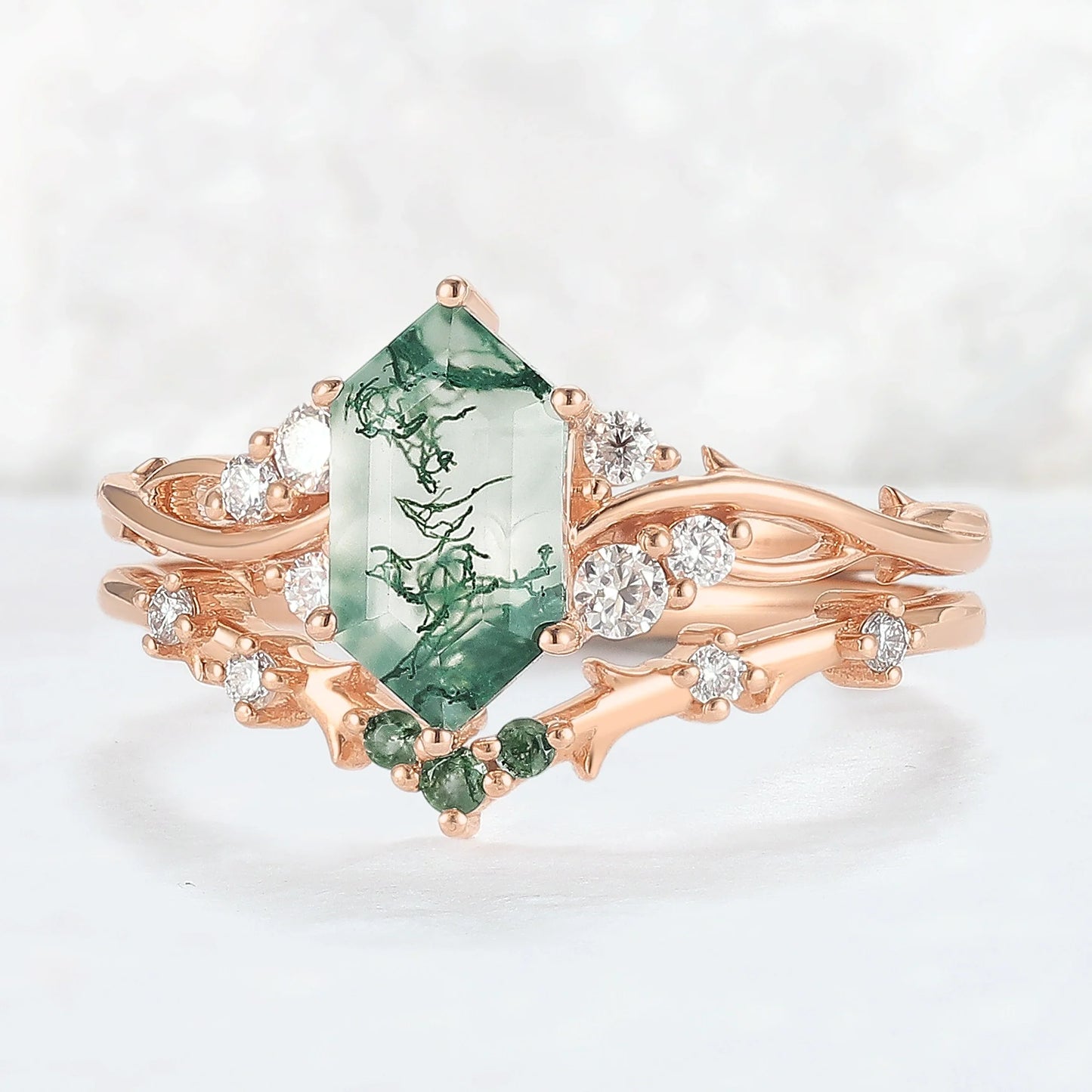 Nature Hexagon Cut Moss Agate Twig Ring Set 2pcs