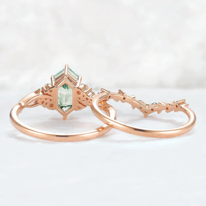 Nature Hexagon Cut Moss Agate Twig Ring Set 2pcs