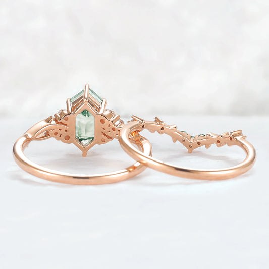 Nature Hexagon Cut Moss Agate Twig Ring Set 2pcs
