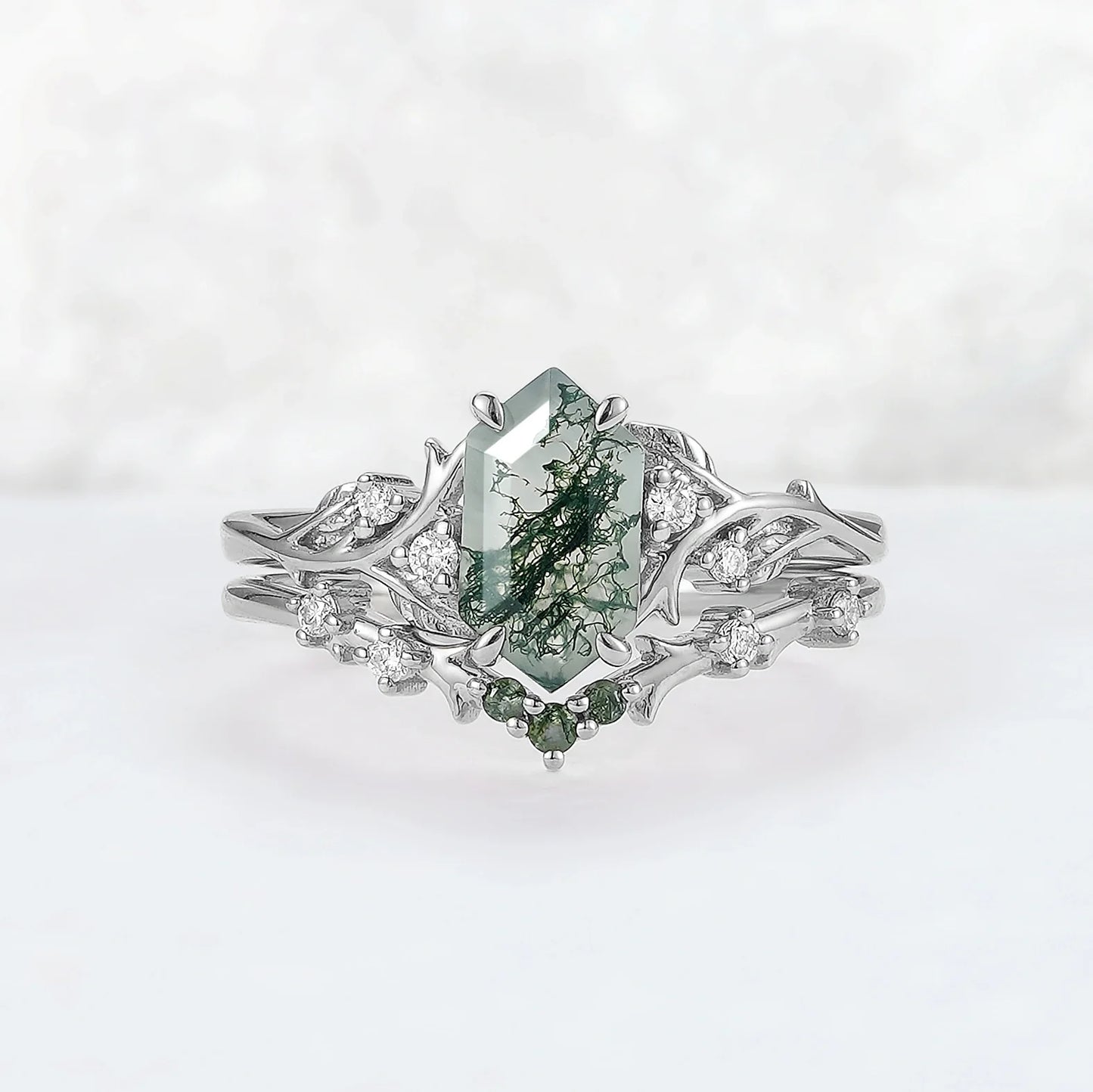 Nature Hexagon Cut Moss Agate Vine Ring Set 2pcs