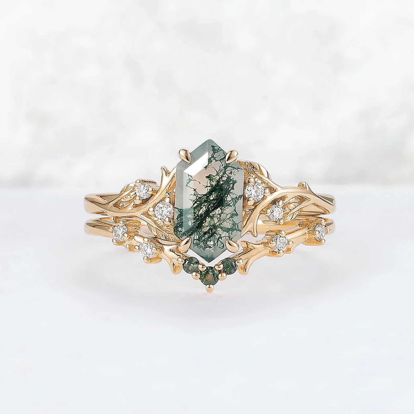 Nature Hexagon Cut Moss Agate Vine Ring Set 2pcs