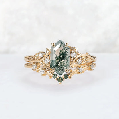 Nature Hexagon Cut Moss Agate Vine Ring Set 2pcs