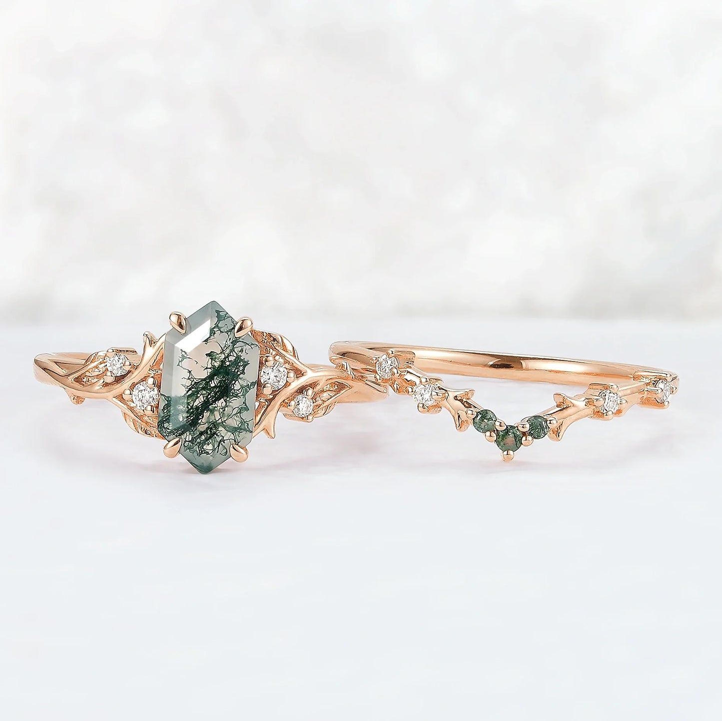 Nature Hexagon Cut Moss Agate Vine Ring Set 2pcs