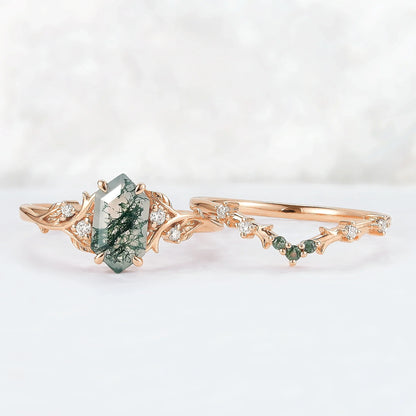 Nature Hexagon Cut Moss Agate Vine Ring Set 2pcs