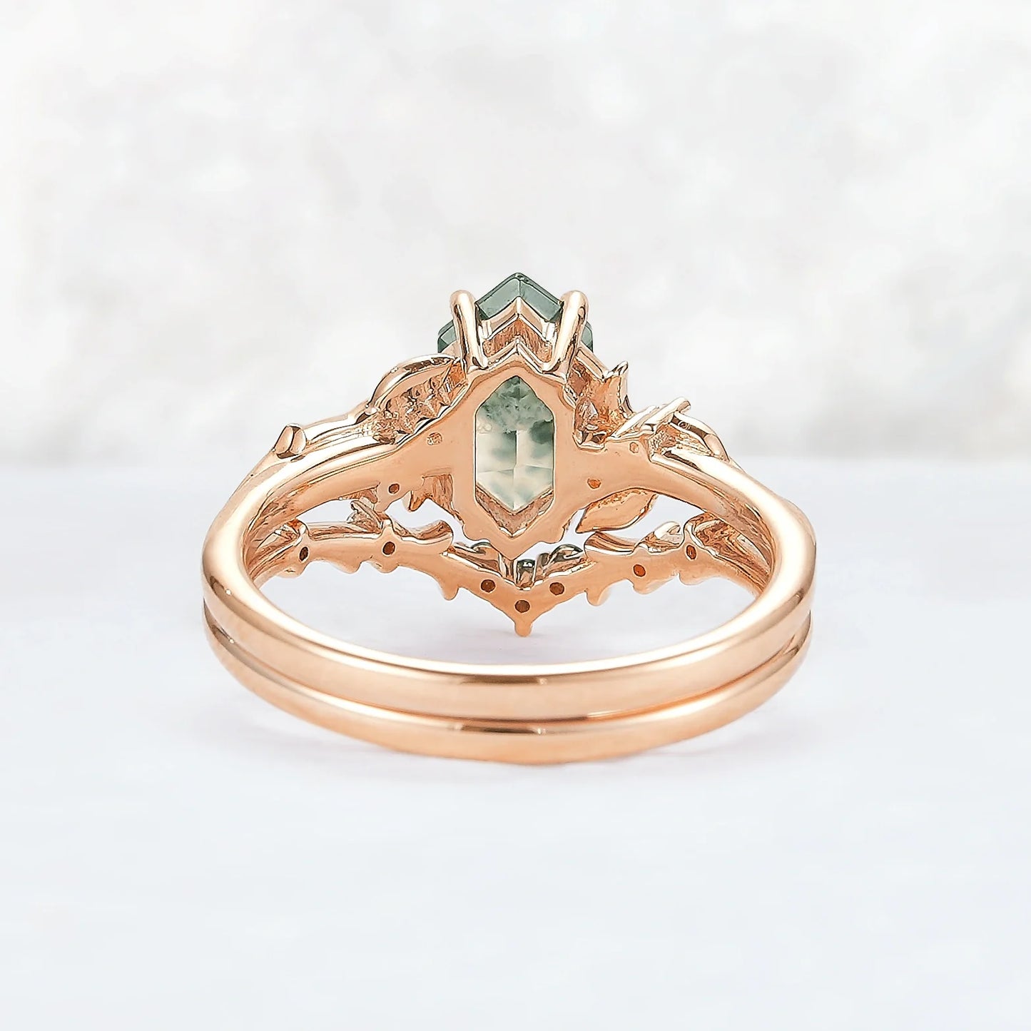 Nature Hexagon Cut Moss Agate Vine Ring Set 2pcs