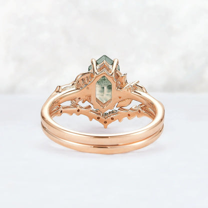 Nature Hexagon Cut Moss Agate Vine Ring Set 2pcs