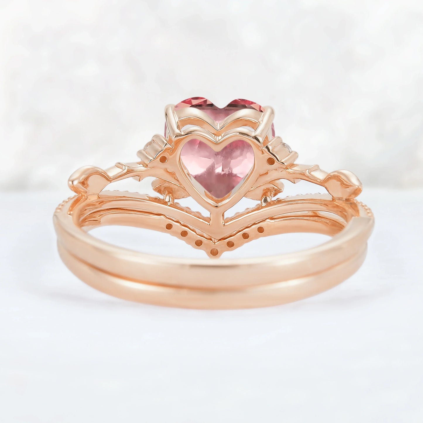 Nature Insipred Lab Padparadscha Leaf Vine Gemstone Ring Set 2pcs