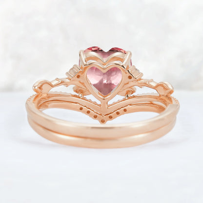 Nature Insipred Lab Padparadscha Leaf Vine Gemstone Ring Set 2pcs