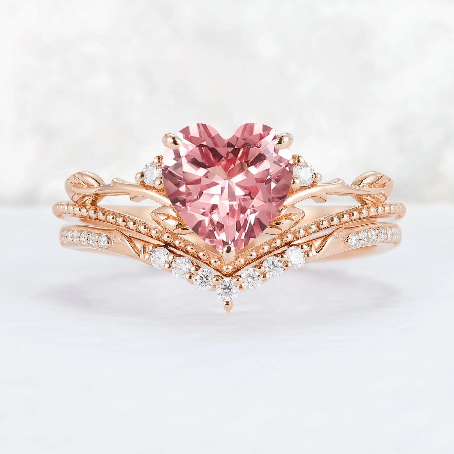 Nature Insipred Lab Padparadscha Leaf Vine Gemstone Ring Set 2pcs