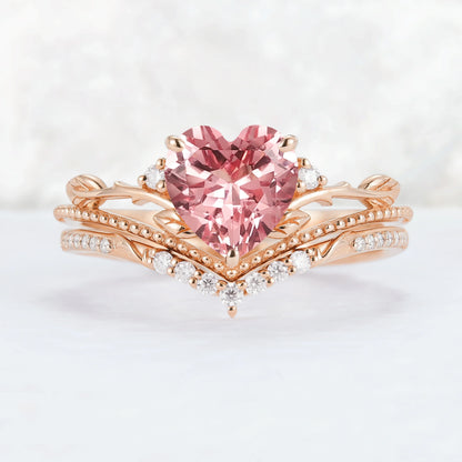 Nature Insipred Lab Padparadscha Leaf Vine Gemstone Ring Set 2pcs