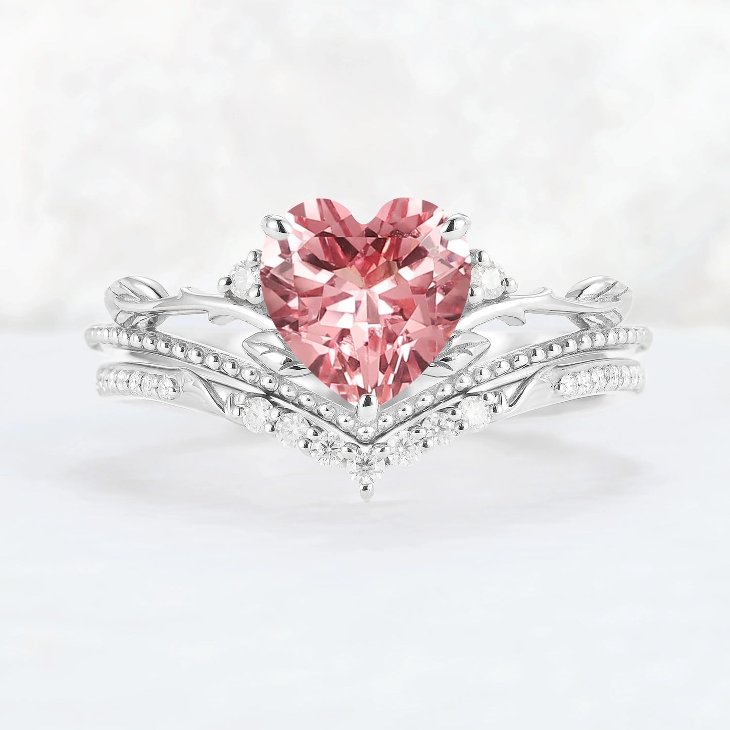 Nature Insipred Lab Padparadscha Leaf Vine Gemstone Ring Set 2pcs