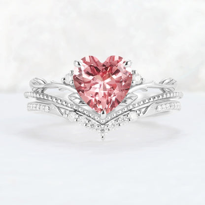 Nature Insipred Lab Padparadscha Leaf Vine Gemstone Ring Set 2pcs