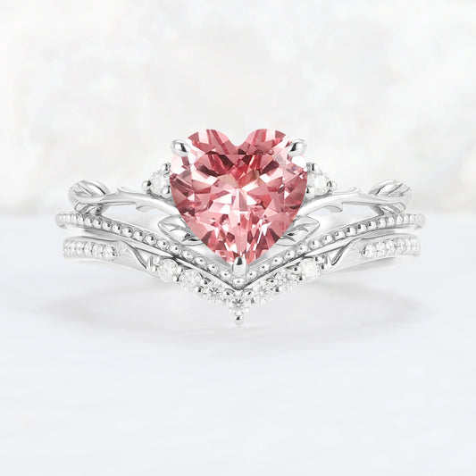 Nature Insipred Lab Padparadscha Leaf Vine Gemstone Ring Set 2pcs