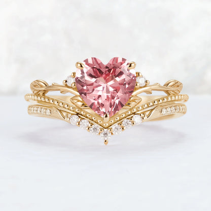 Nature Insipred Lab Padparadscha Leaf Vine Gemstone Ring Set 2pcs