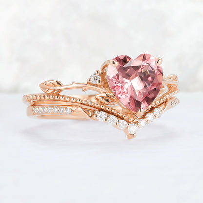 Nature Insipred Lab Padparadscha Leaf Vine Gemstone Ring Set 2pcs