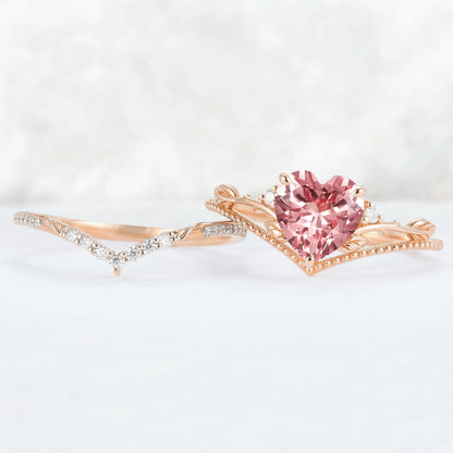 Nature Insipred Lab Padparadscha Leaf Vine Gemstone Ring Set 2pcs