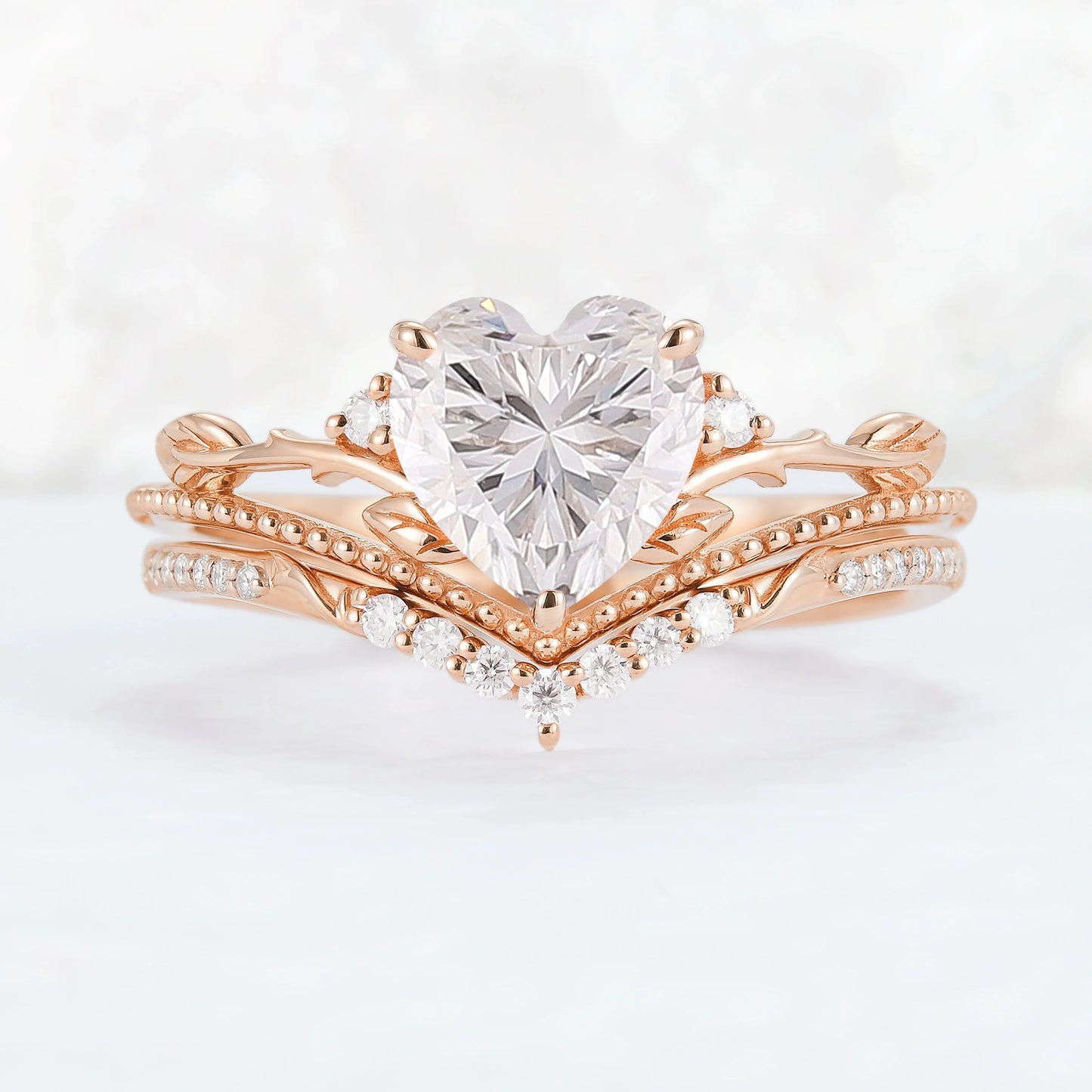 Nature Insipred Moissanite Leaf Vine Gemstone Ring Set 2pcs