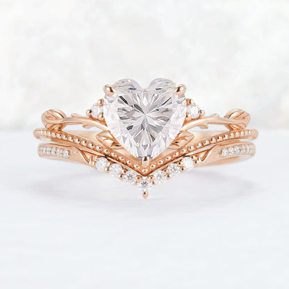 Nature Insipred Moissanite Leaf Vine Gemstone Ring Set 2pcs