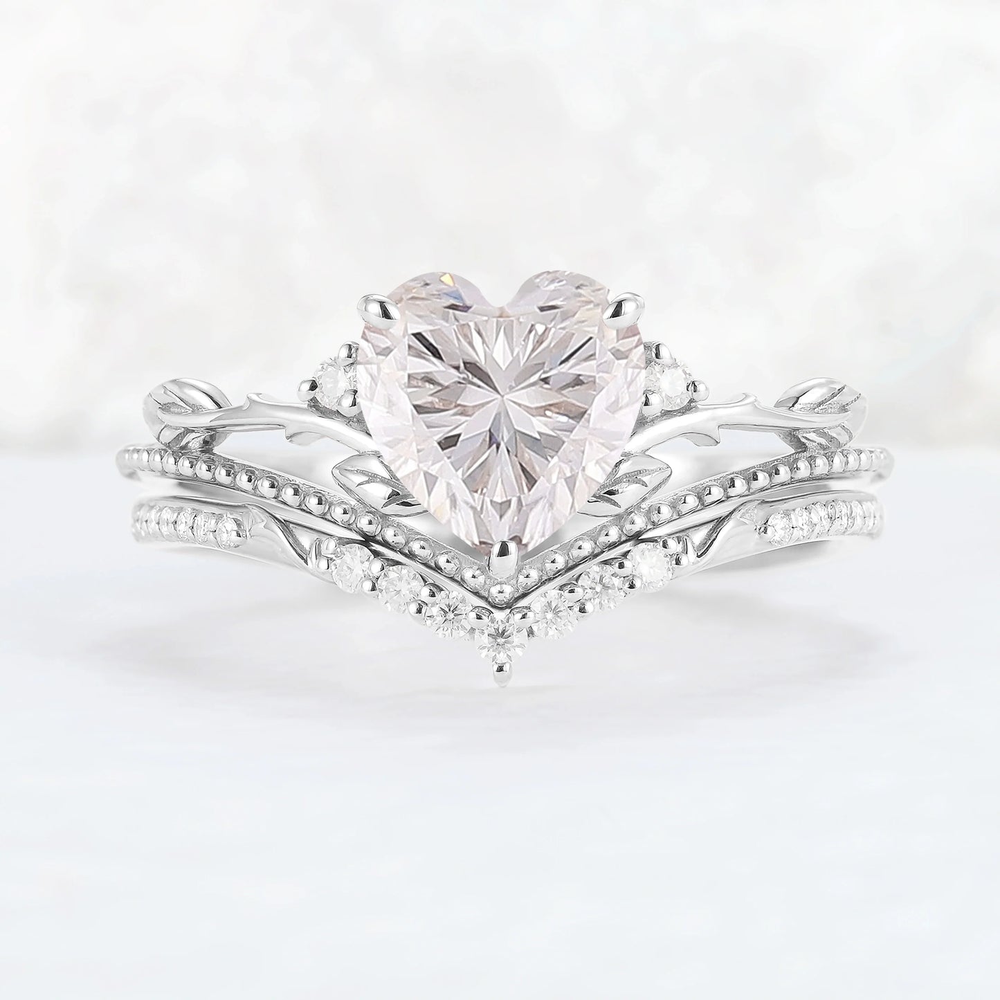 Nature Insipred Moissanite Leaf Vine Gemstone Ring Set 2pcs