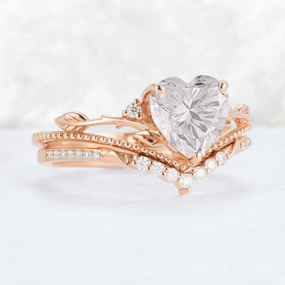 Nature Insipred Moissanite Leaf Vine Gemstone Ring Set 2pcs