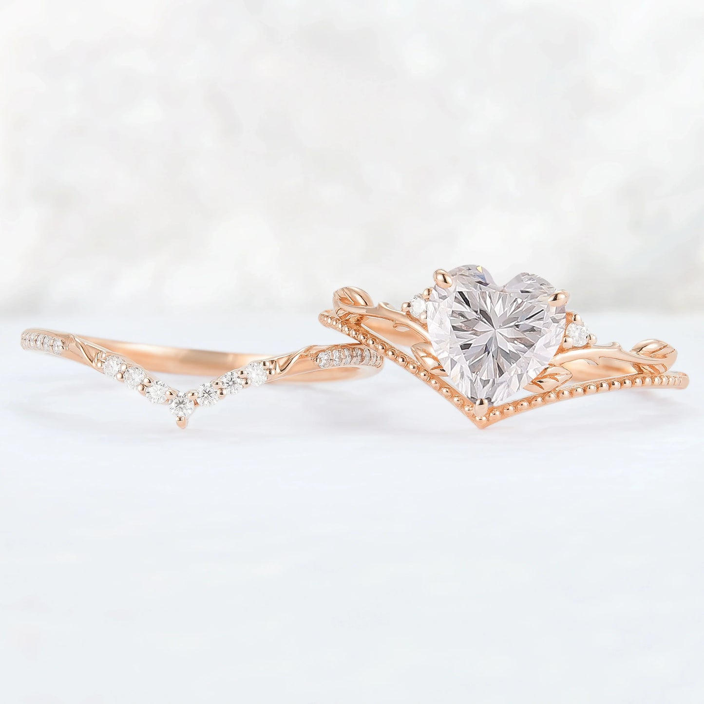 Nature Insipred Moissanite Leaf Vine Gemstone Ring Set 2pcs