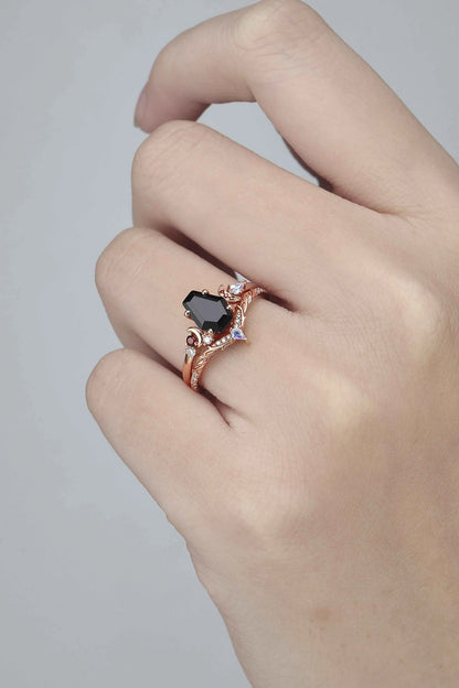 Nature Inspired Coffin Shaped Black Onyx Gemstone Ring Set 2pcs