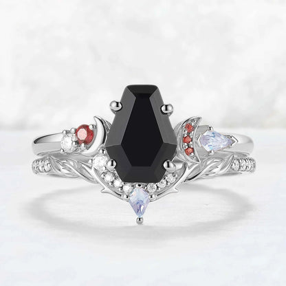 Nature Inspired Coffin Shaped Black Onyx Gemstone Ring Set 2pcs