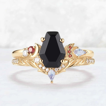 Nature Inspired Coffin Shaped Black Onyx Gemstone Ring Set 2pcs