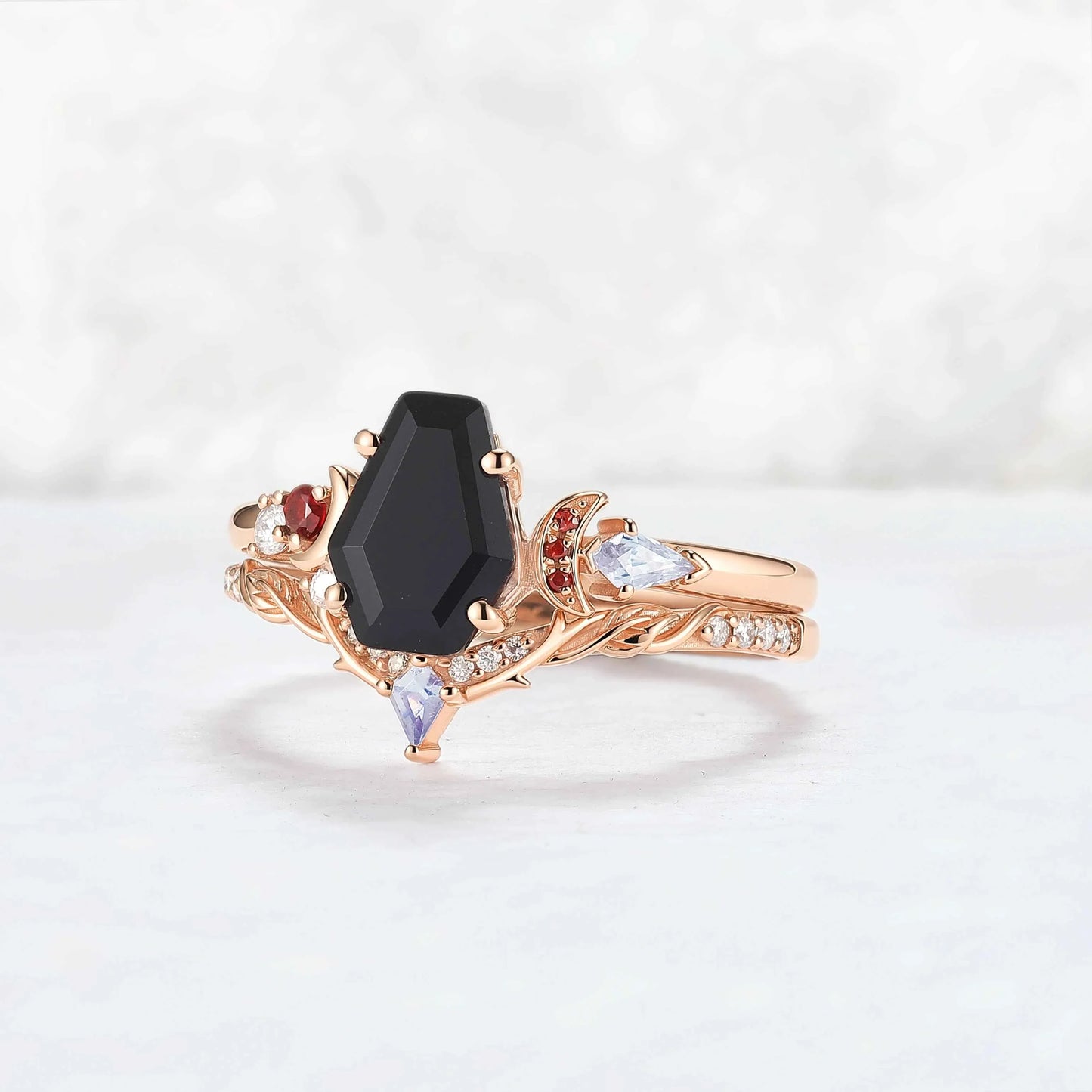 Nature Inspired Coffin Shaped Black Onyx Gemstone Ring Set 2pcs