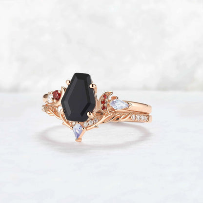 Nature Inspired Coffin Shaped Black Onyx Gemstone Ring Set 2pcs